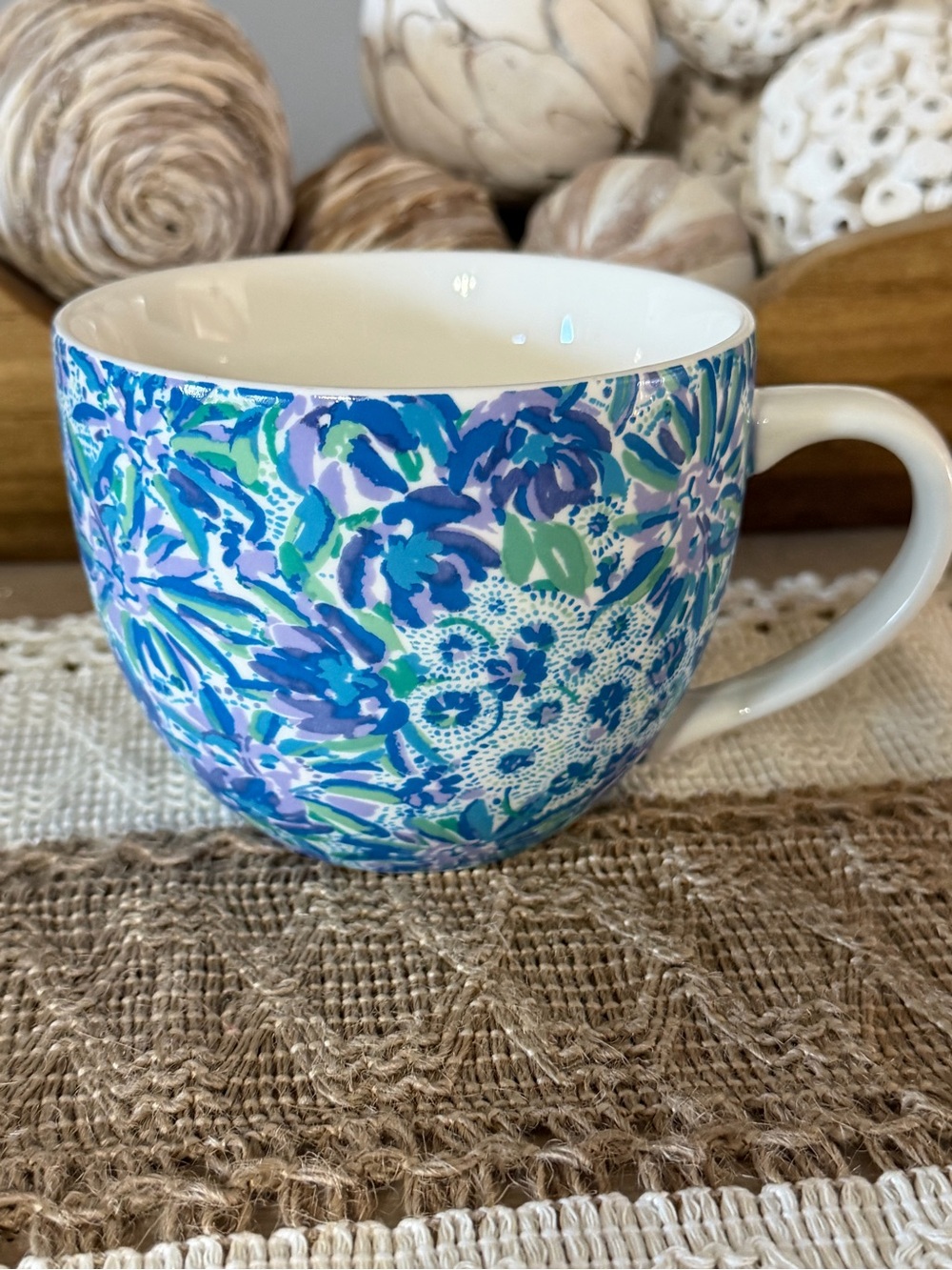 Lilly Pulitzer High Maintenance Ceramic Mug Blue Floral Coffee Cup 12oz FFF